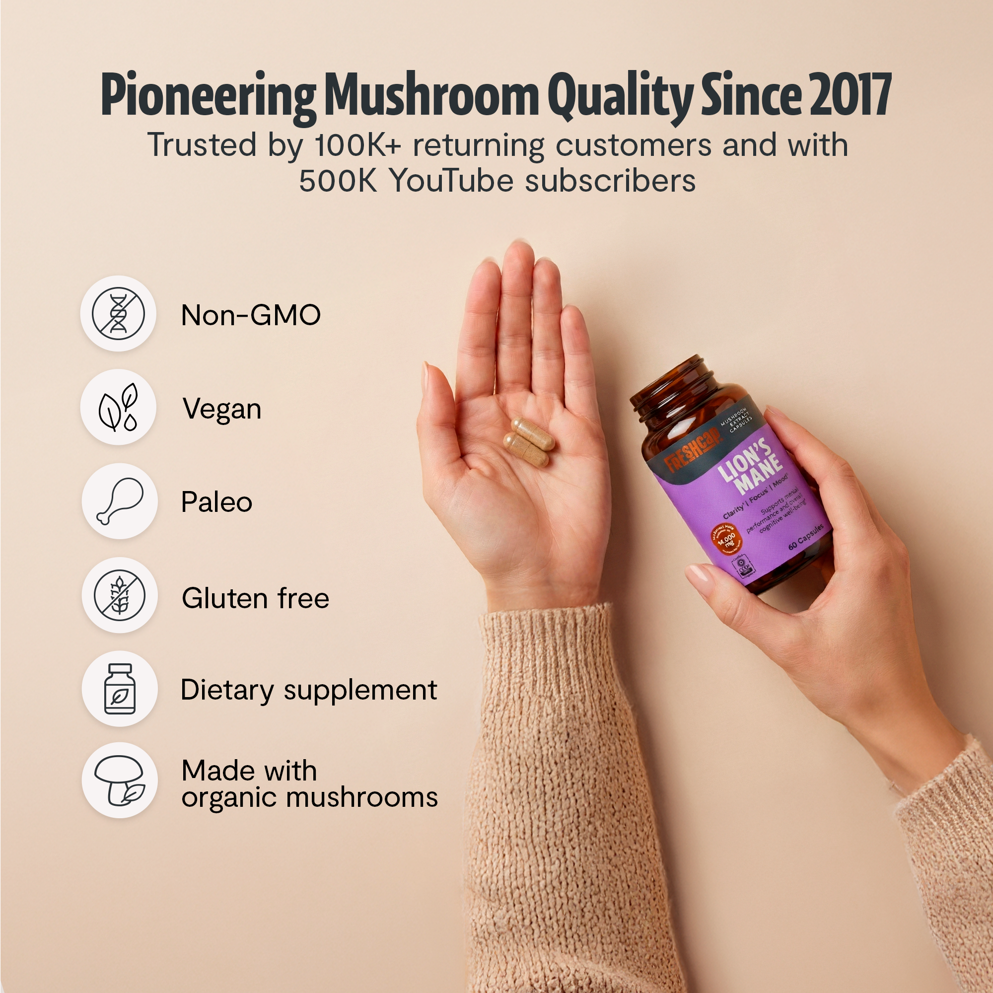 Organic Lion's Mane Capsules – 14:1 Fruiting Body Extract, 1,000 mg