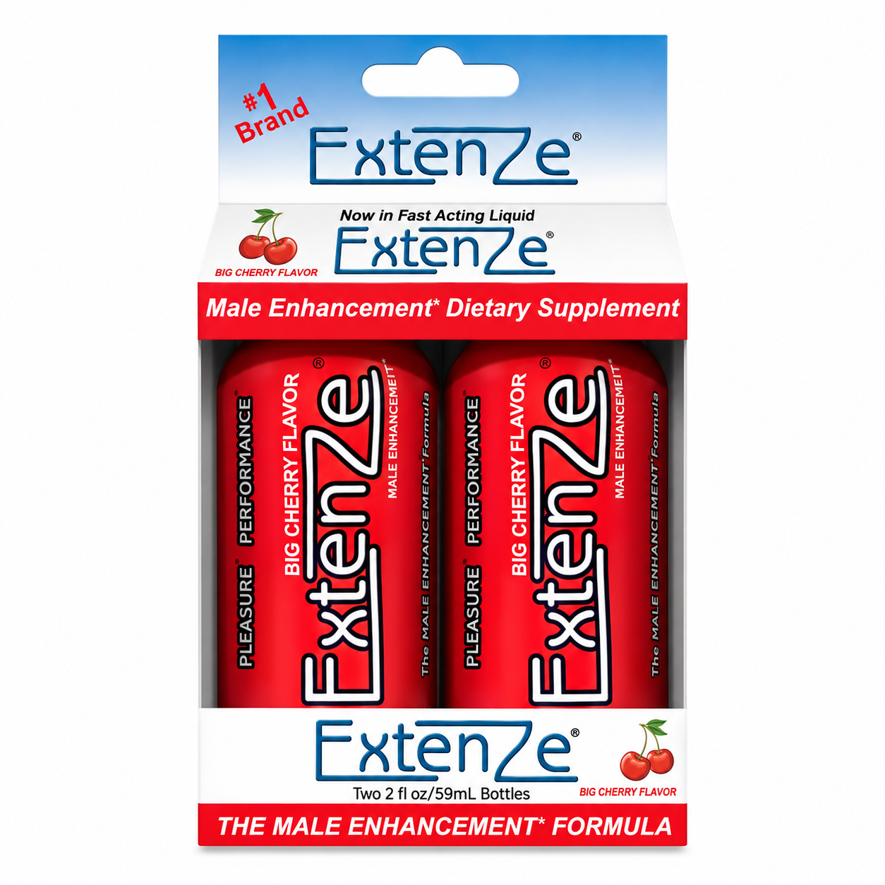 ExtenZe Big Cherry liquid dietary supplement bottle, 2 fl oz (60 mL), red bottle with black cap.