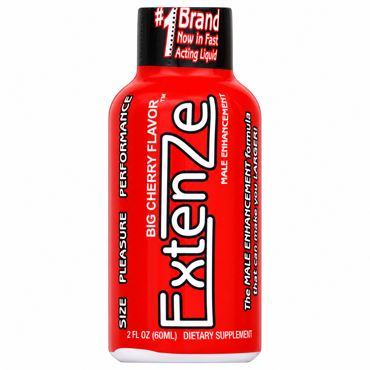 Front view of a red ExtenZe Big Cherry liquid bottle with a black cap, labelled 60 mL.