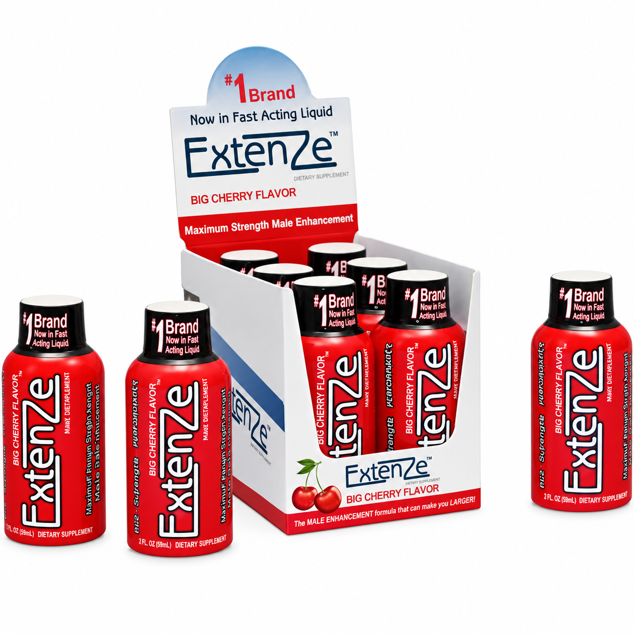 ExtenZe Big Cherry liquid bottles in a display carton with three loose bottles alongside it.