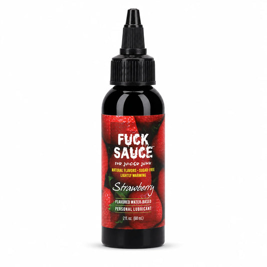 A bottle of Fuck Sauce Strawberry flavored water-based personal lubricant, featuring a black bottle and cap with a red and black label, on a white background.