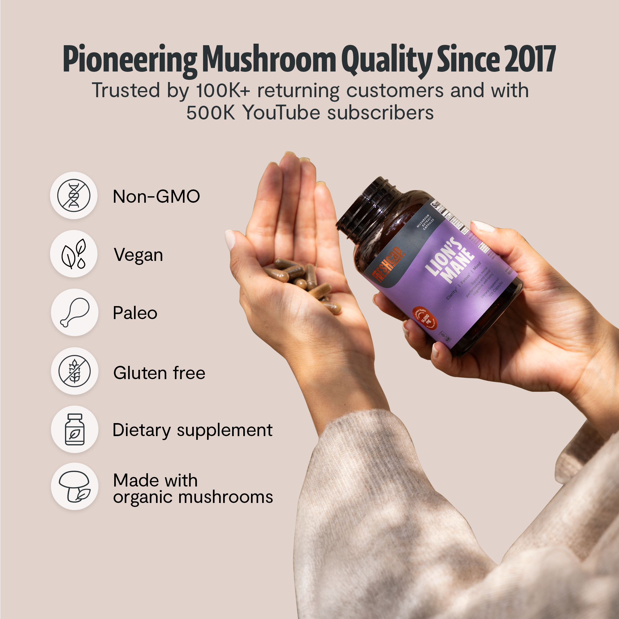 Organic Lion's Mane Capsules – 14:1 Fruiting Body Extract, 1,000 mg