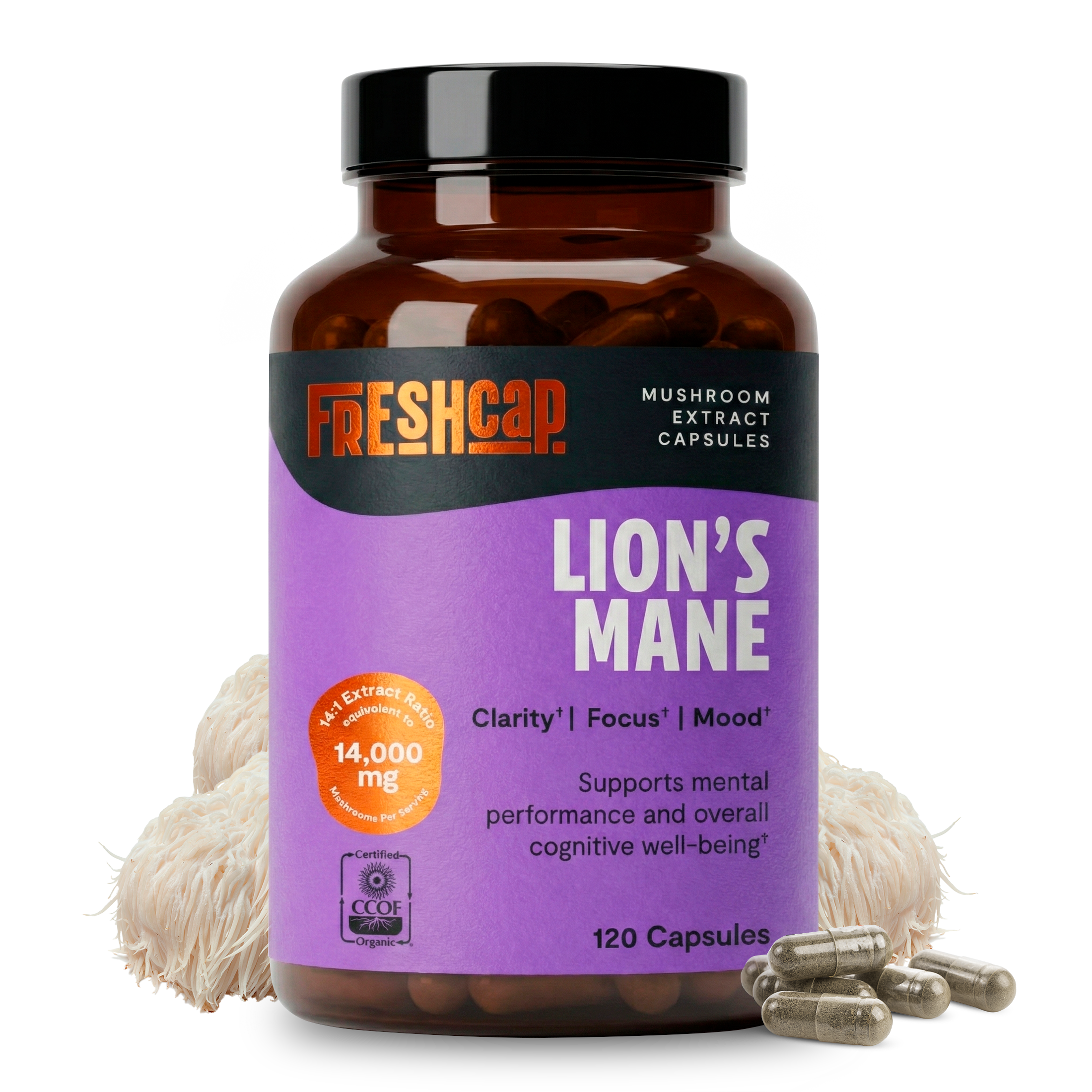 Organic Lion's Mane Capsules – 14:1 Fruiting Body Extract, 1,000 mg