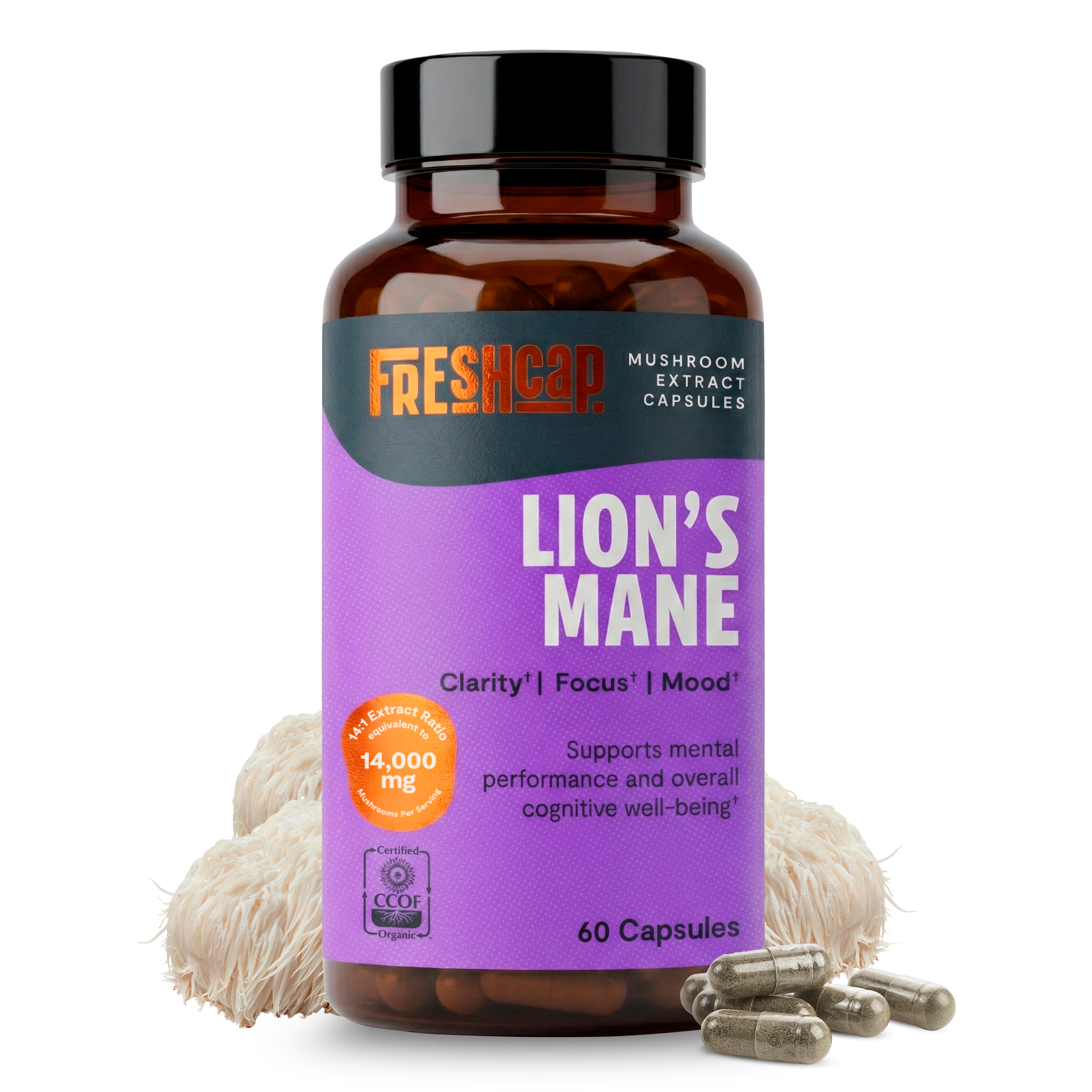 Organic Lion's Mane Capsules – 14:1 Fruiting Body Extract, 1,000 mg