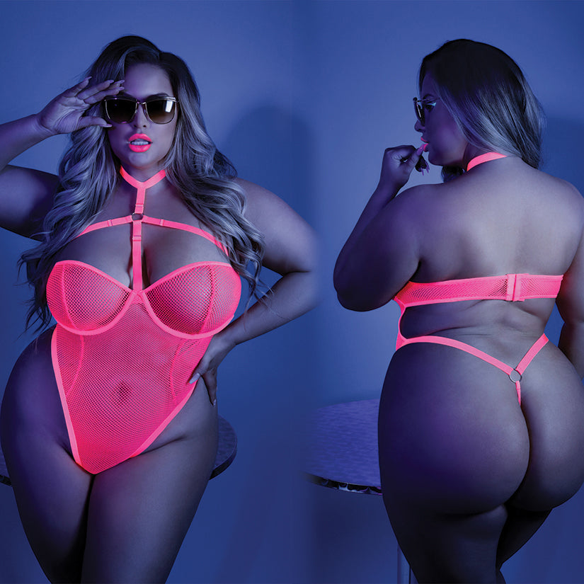Fantasy Lingerie Glow All Nighter Harness Bodysuit-Neon Pink Queen